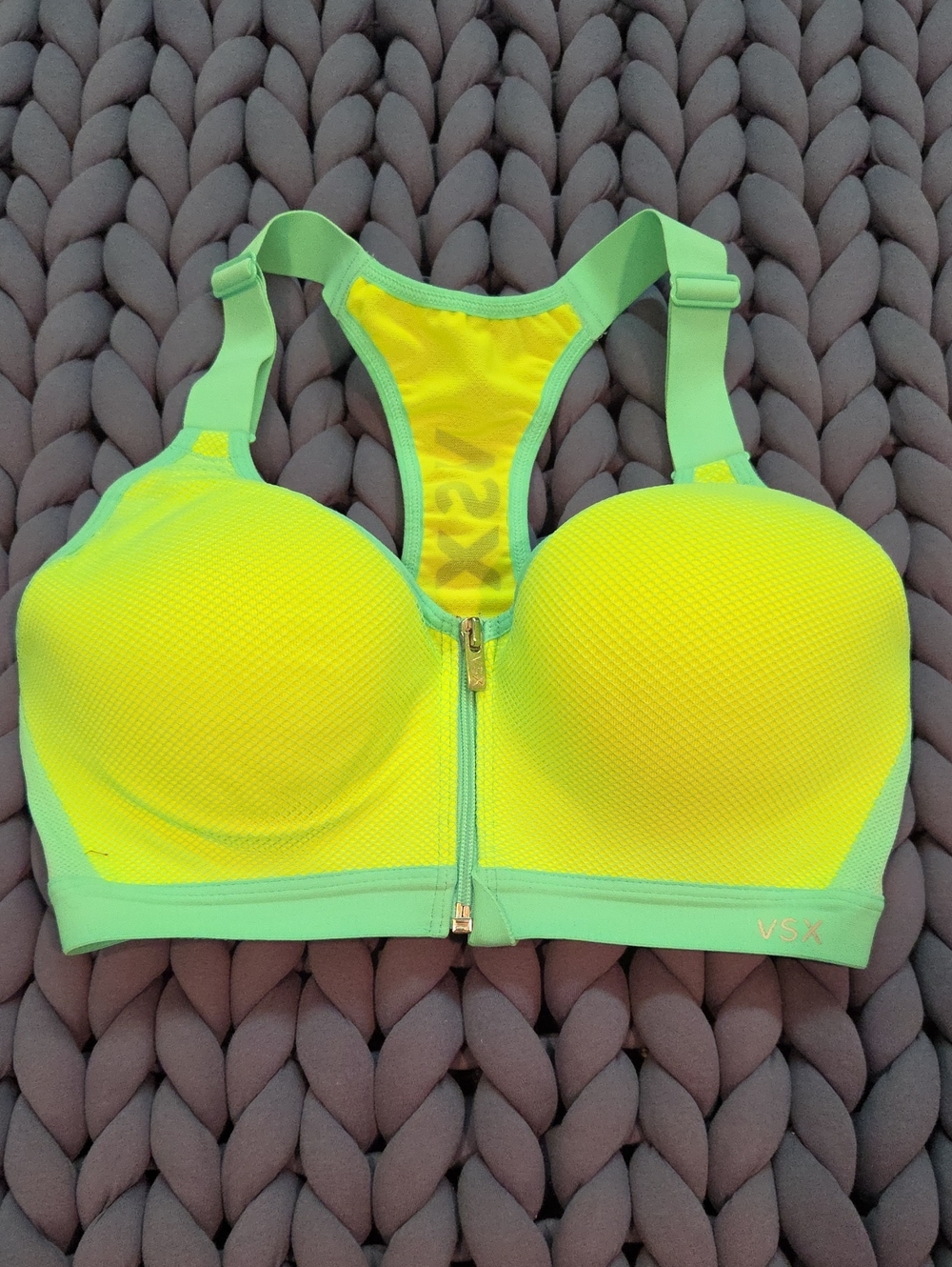 VSX Neon Yellow with Mint Front-Zip Racerback Sports Bra